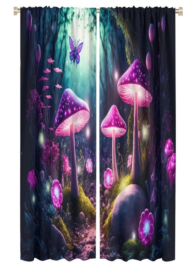 LOMADIA Mushroom Blackout Curtain, Retro Abstract Purple Cartoon Style Flower Butterfly Mushroom Home Decor Windows Rod Pocket Curtain for Bedroom Living Room Kitchen Cafe Office Drapes 42x54in - Image 1
